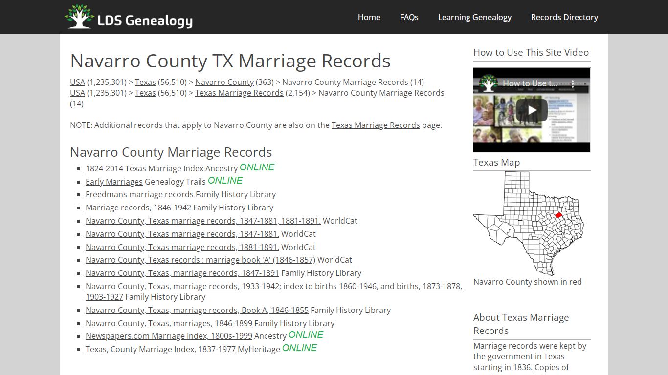 Navarro County TX Marriage Records - LDS Genealogy