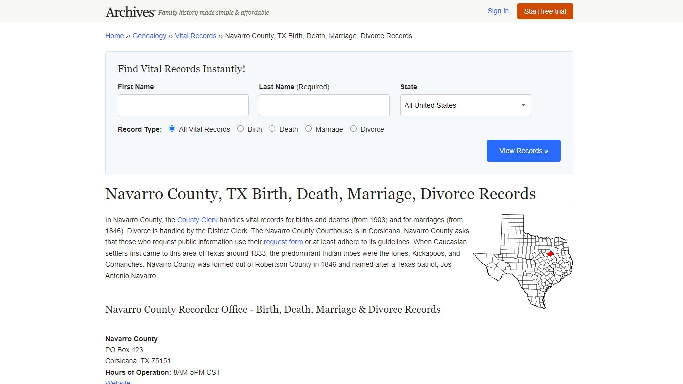 Navarro County, TX Birth, Death, Marriage, Divorce Records - Archives.com